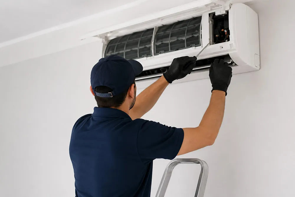 Technician servicing a wall-mounted air conditioner